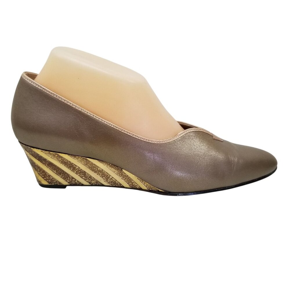 Magdesians 10N Gold Metallic Wedge Heels USA Vintage Slip On‎ Costume Retro